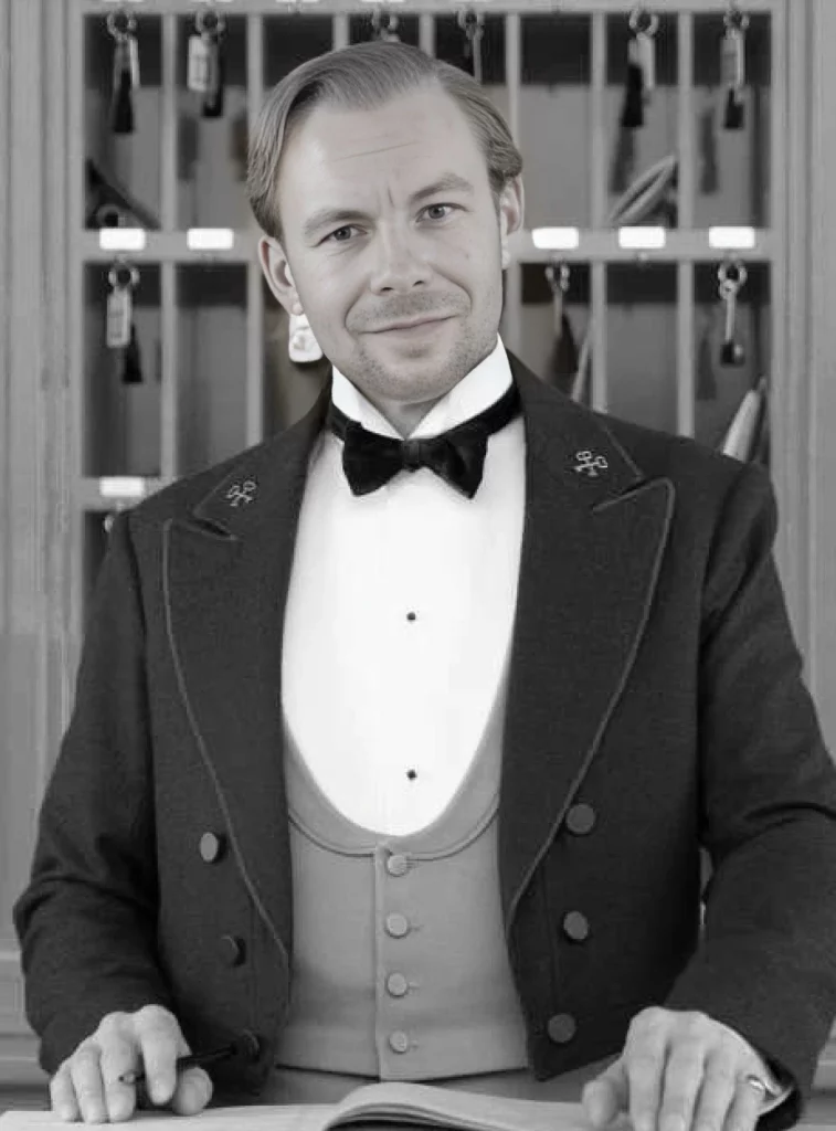 Mathieu Morel, élégant en costume, accueille chaleureusement les clients à la réception d'une conciergerie.