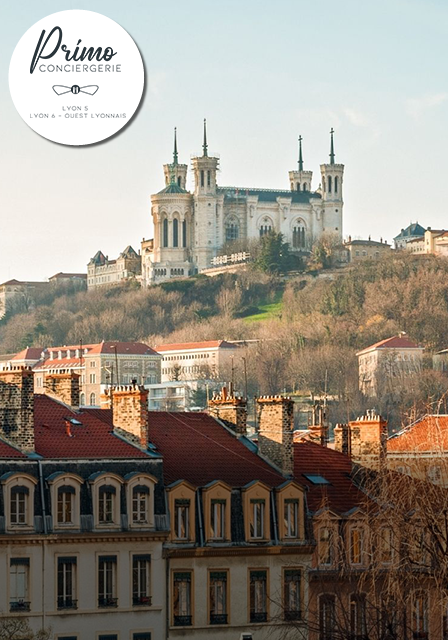 Vue de la basilique de Fourvière, Lyon 5, avec des toits typiques de la ville.
